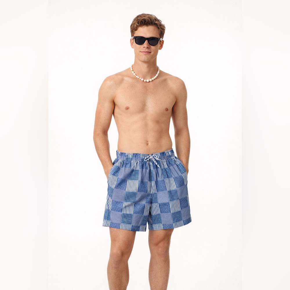 Brooks Brothers Blue and White‎ Patchwork Swim Trunks Sz. XXL